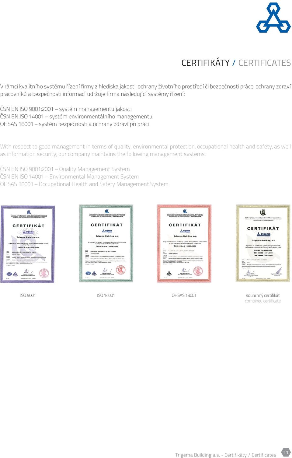 respect to good management in terms of quality, environmental protection, occupational health and safety, as well as information security, our company maintains the following management systems: ČSN
