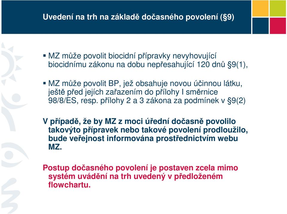 přílohy 2 a 3 zákona za podmínek v 9(2) V případě, že by MZ z moci úřední dočasně povolilo takovýto přípravek nebo takové povolení