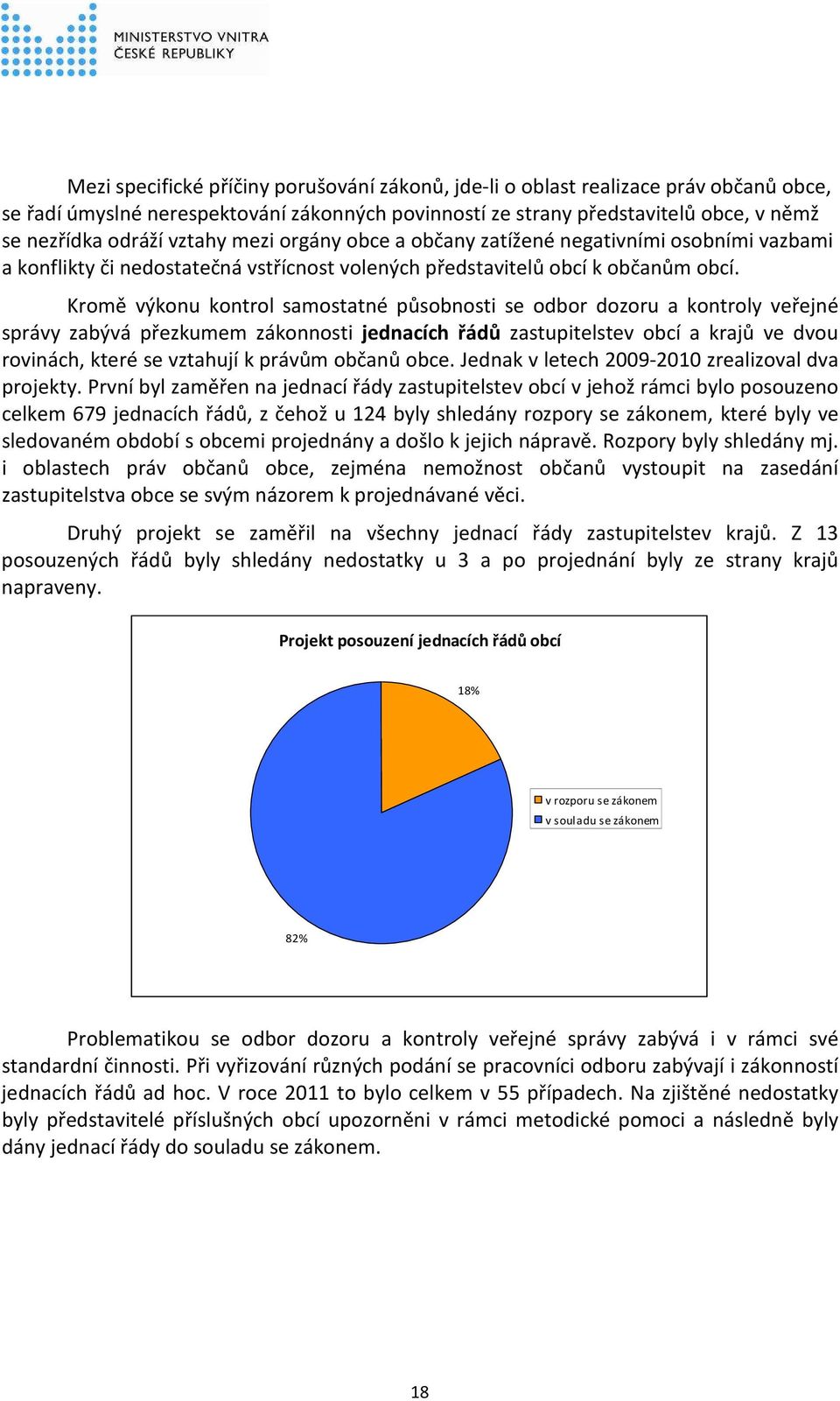 Kromě výkonu kontrol samostatné působnosti se odbor dozoru a kontroly veřejné správy zabývá přezkumem zákonnosti jednacích řádů zastupitelstev obcí a krajů ve dvou rovinách, které se vztahují k