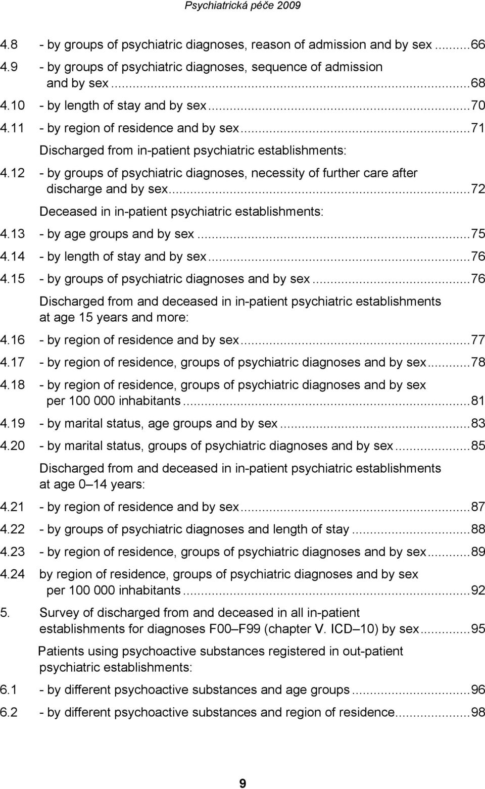 ..72 Deceased in in-patient psychiatric establishments: 4.13 - by age groups and by sex...75 4.14 - by length of stay and by sex...76 4.15 - by groups of psychiatric diagnoses and by sex.