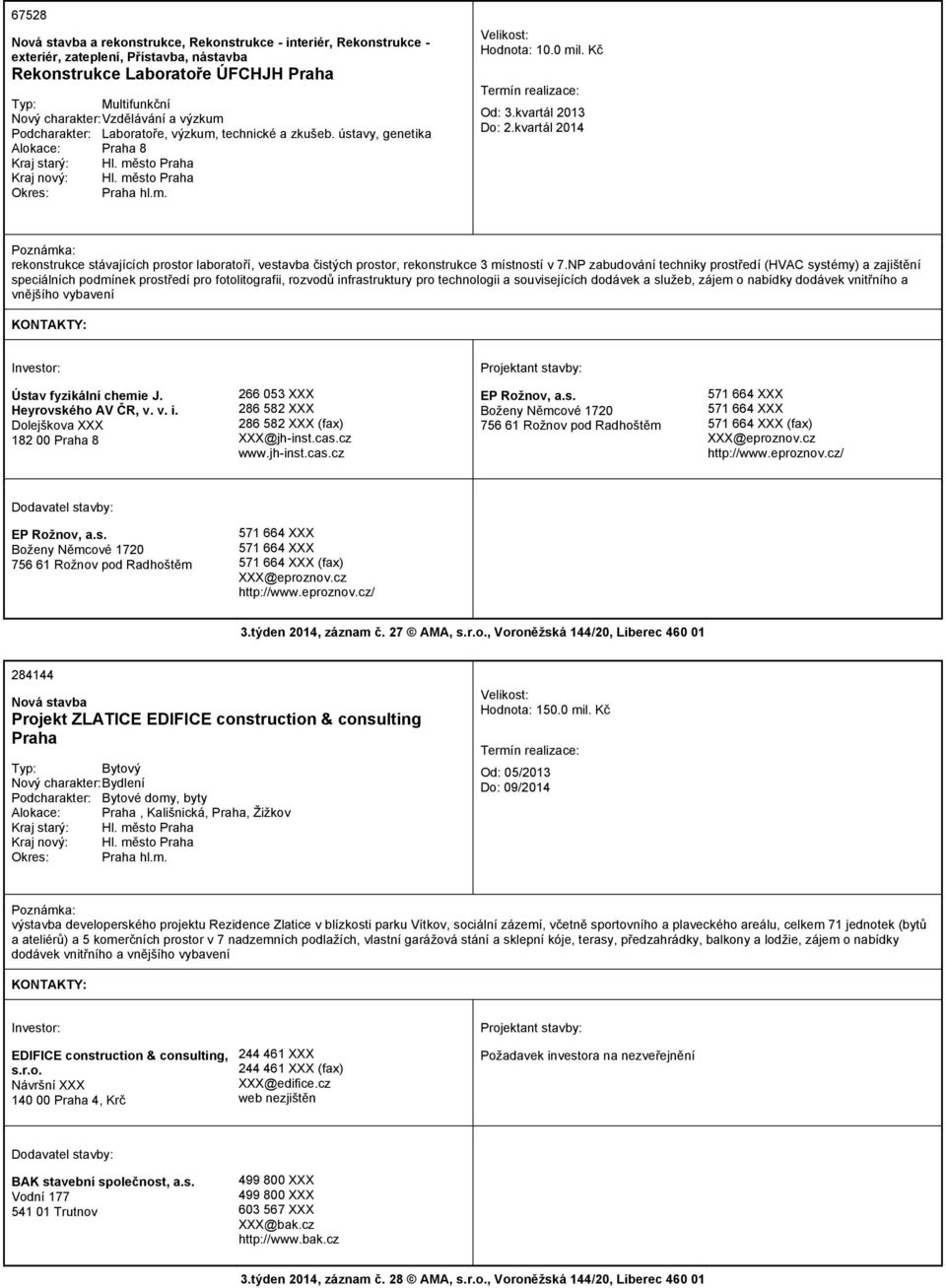 kvartál 2014 rekonstrukce stávajících prostor laboratoří, vestavba čistých prostor, rekonstrukce 3 místností v 7.