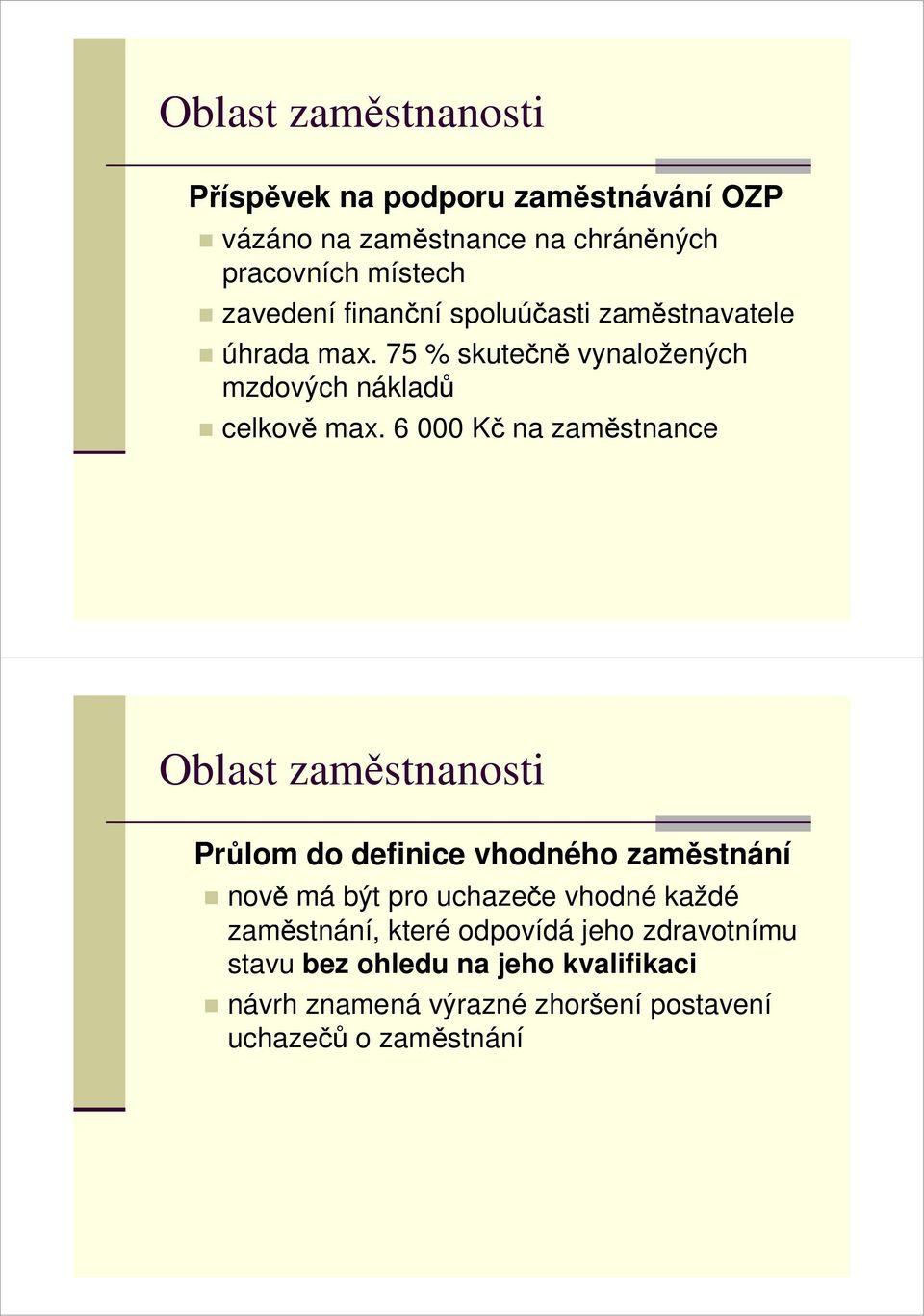 6 000 Kč na zaměstnance Oblast zaměstnanosti Průlom do definice vhodného zaměstnání nově má být pro uchazeče vhodné každé