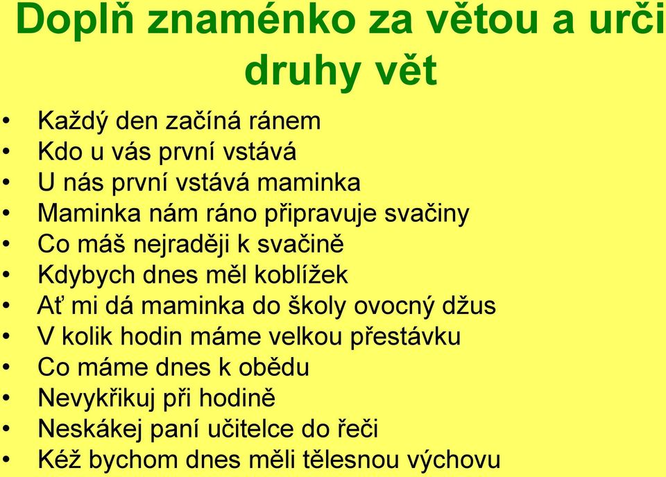 měl koblížek Ať mi dá maminka do školy ovocný džus V kolik hodin máme velkou přestávku Co máme