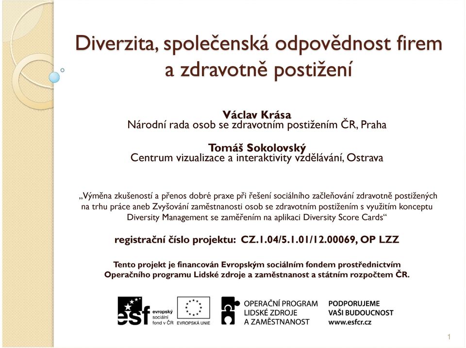 zaměstnanosti osob se zdravotním postižením s využitím konceptu Diversity Management se zaměřením na aplikaci Diversity Score Cards registrační číslo projektu: CZ.1.