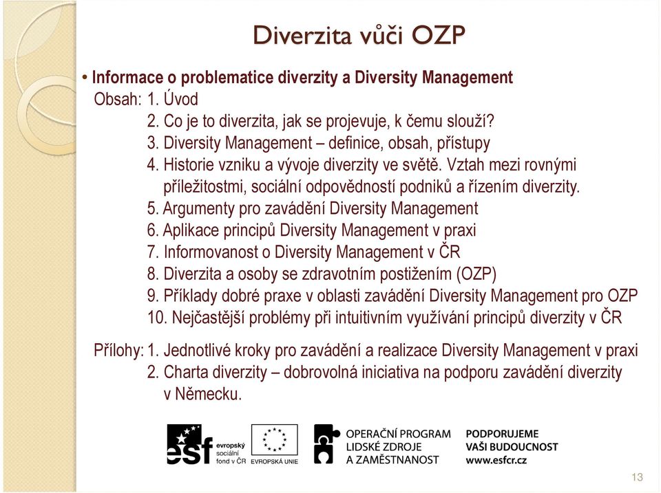 Aplikace principů Diversity Management v praxi 7. Informovanost o Diversity Management v ČR 8. Diverzita a osoby se zdravotním postižením (OZP) 9.
