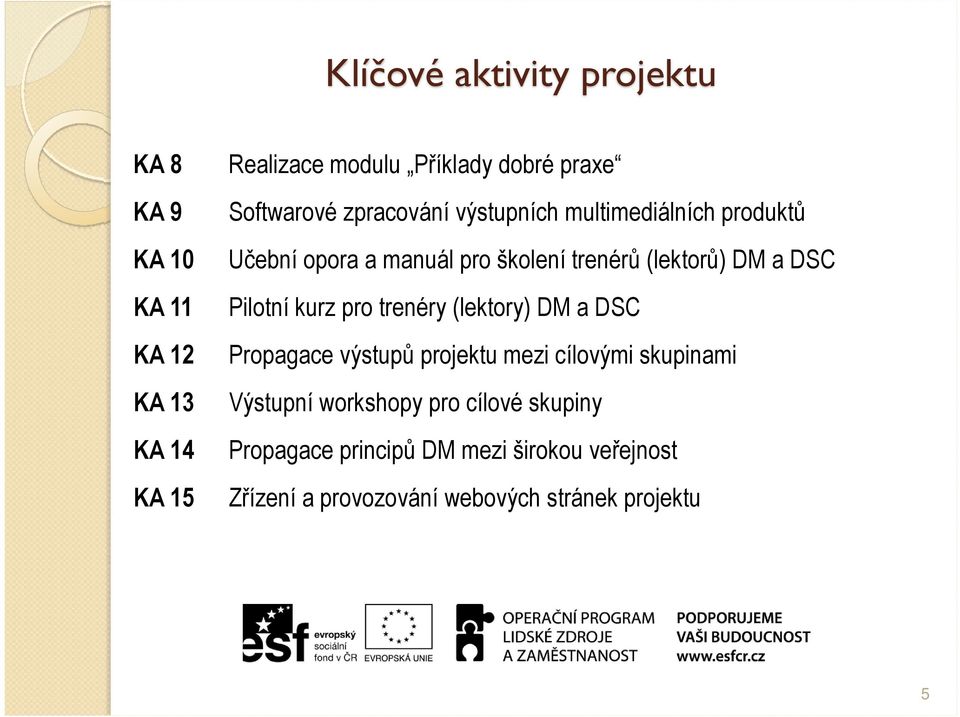 a DSC Pilotní kurz pro trenéry (lektory) DM a DSC Propagace výstupů projektu mezi cílovými skupinami Výstupní