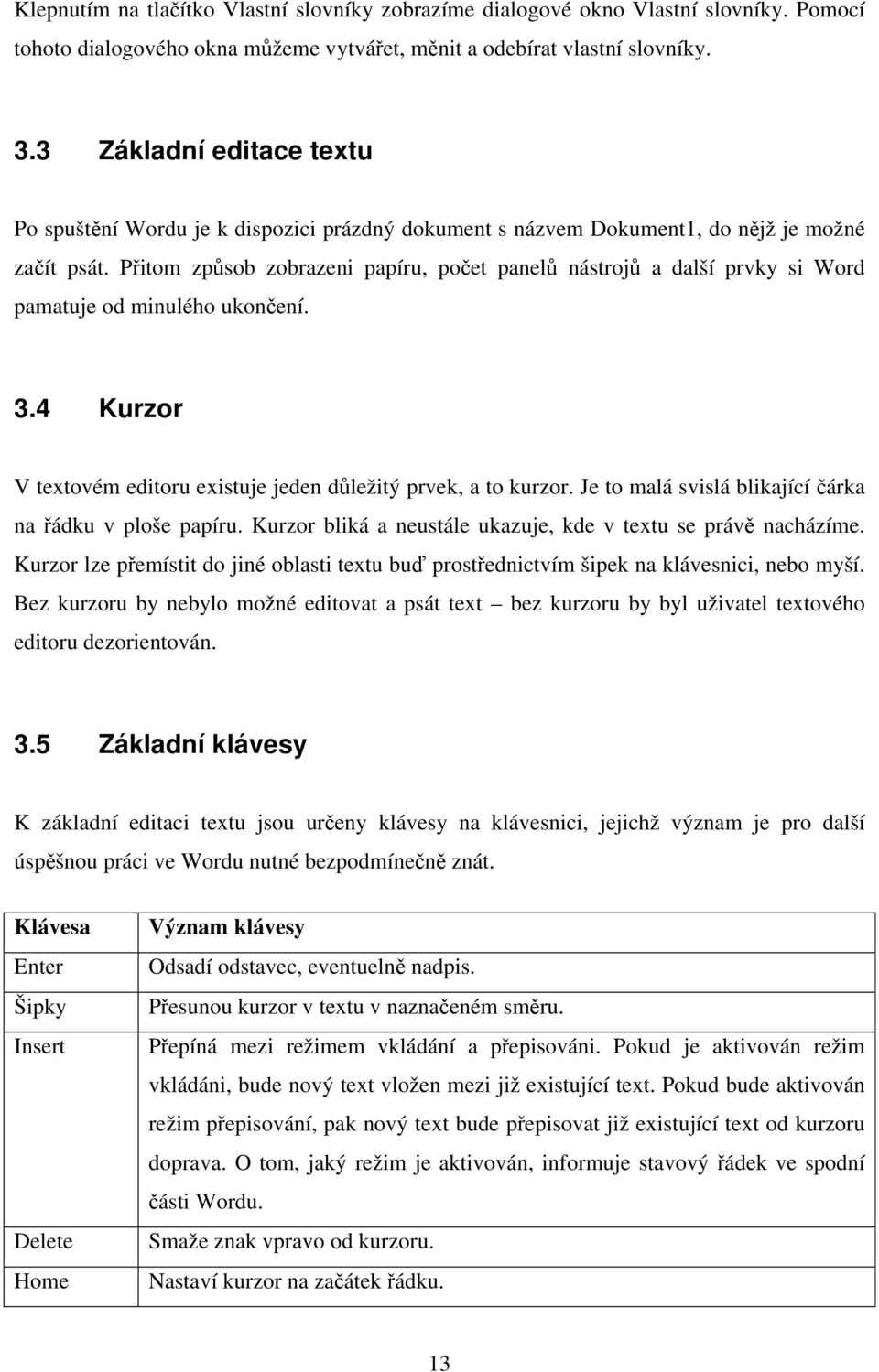 Přitom způsob zobrazeni papíru, počet panelů nástrojů a další prvky si Word pamatuje od minulého ukončení. 3.4 Kurzor V textovém editoru existuje jeden důležitý prvek, a to kurzor.