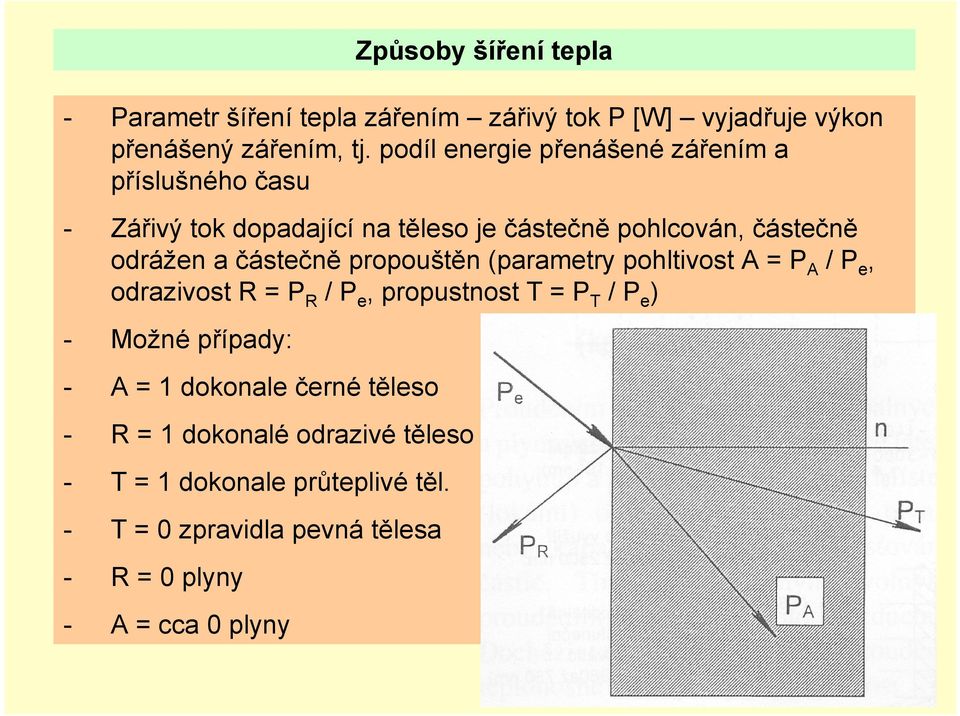 částečně propouštěn (parametry pohltivost A = P A / P e, odrazivost R = P R / P e, propustnost T = P T / P e ) - Možné případy: -