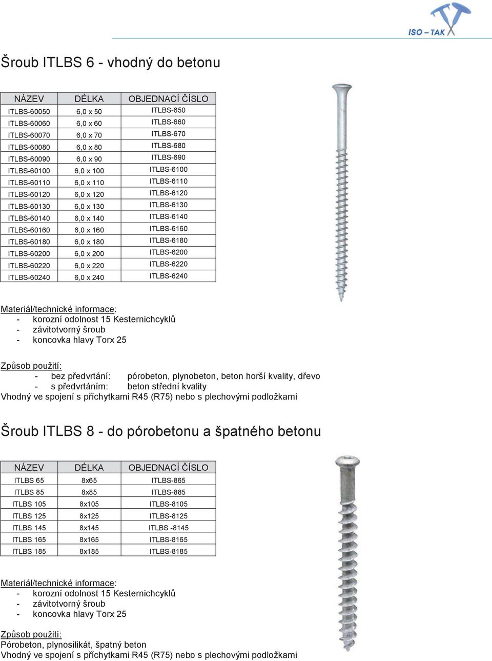 x 160 ITLBS-6160 ITLBS-60180 6,0 x 180 ITLBS-6180 ITLBS-60200 6,0 x 200 ITLBS-6200 ITLBS-60220 6,0 x 220 ITLBS-6220 ITLBS-60240 6,0 x 240 ITLBS-6240 - korozní odolnost 15 Kesternichcyklů -