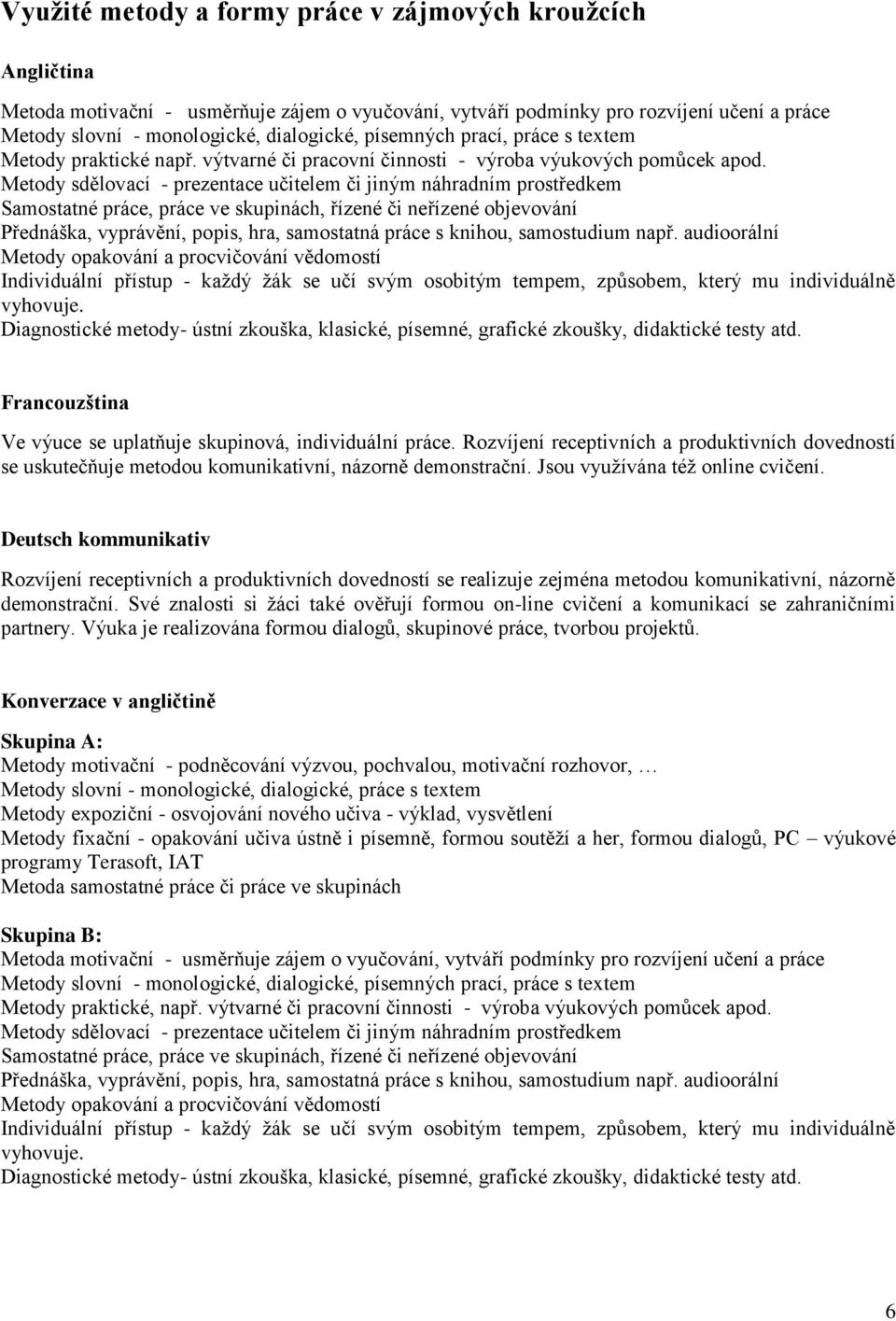 Metody sdělovací - prezentace učitelem či jiným náhradním prostředkem Samostatné práce, práce ve skupinách, řízené či neřízené objevování Přednáška, vyprávění, popis, hra, samostatná práce s knihou,