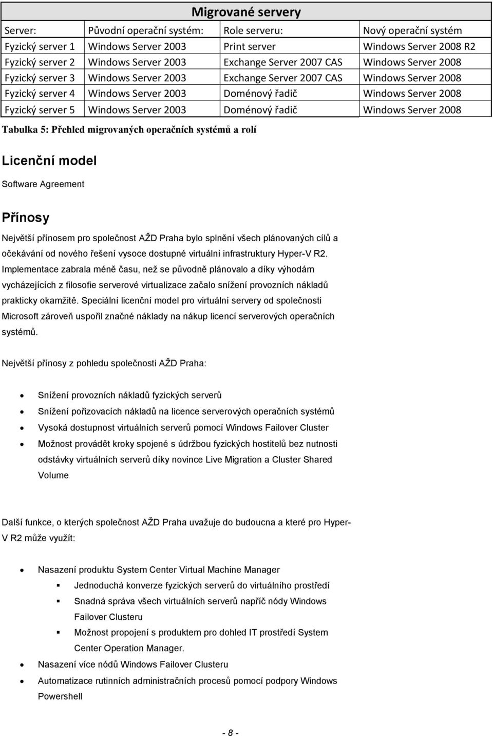 Fyzický server 5 Windows Server 2003 Doménový řadič Windows Server 2008 Tabulka 5: Přehled migrovaných operačních systémů a rolí Licenční model Software Agreement Přínosy Největší přínosem pro