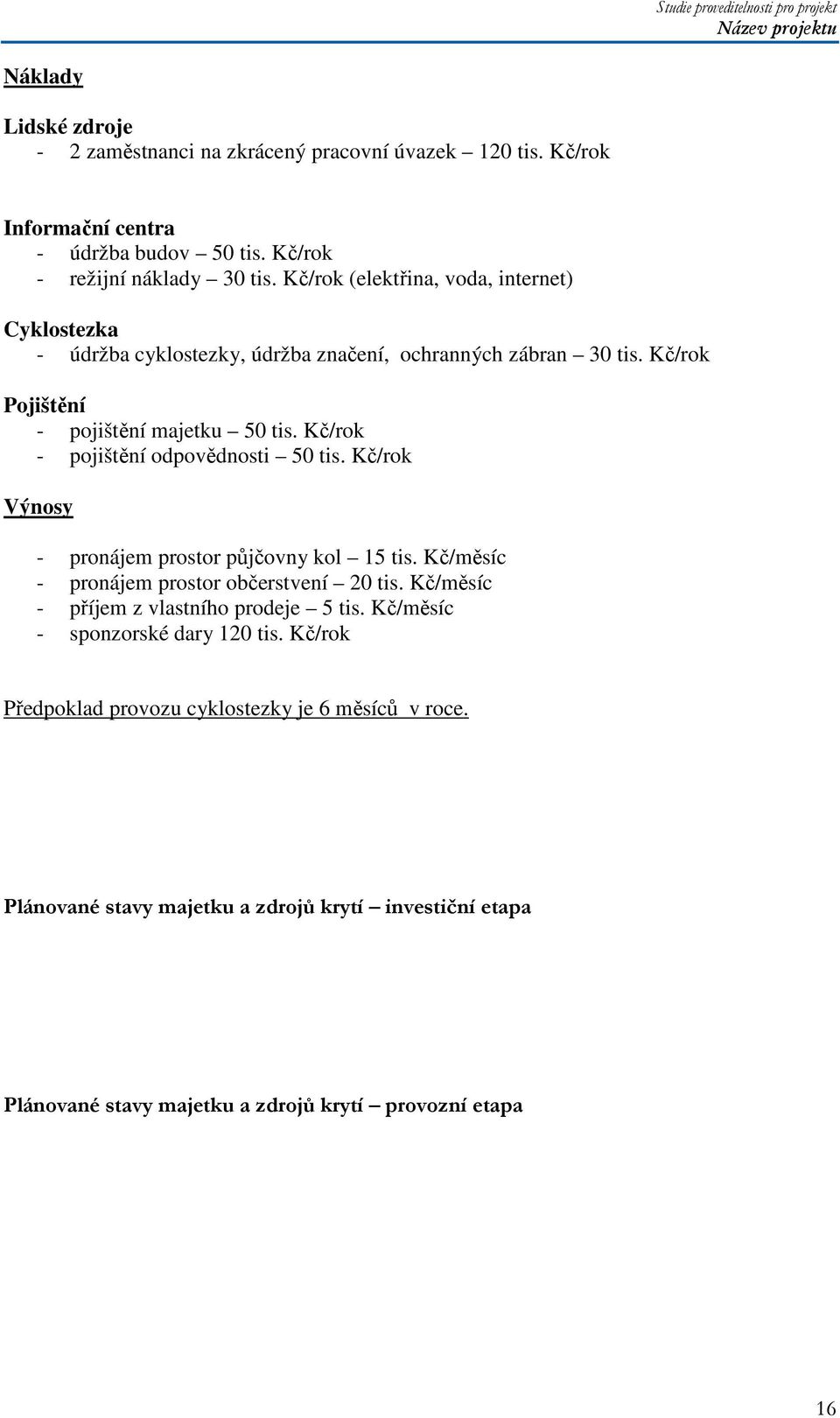 Kč/rok - pojištění odpovědnosti 50 tis. Kč/rok Výnosy - pronájem prostor půjčovny kol 15 tis. Kč/měsíc - pronájem prostor občerstvení 20 tis.