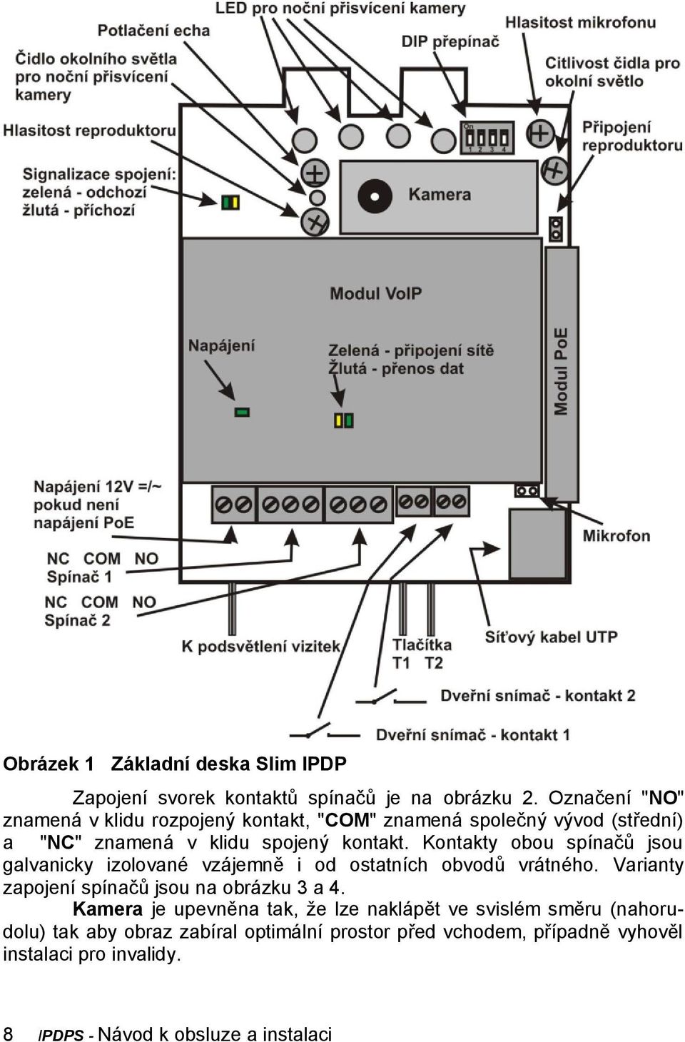 Kontakty obou spínačů jsou galvanicky izolované vzájemně i od ostatních obvodů vrátného. Varianty zapojení spínačů jsou na obrázku 3 a 4.