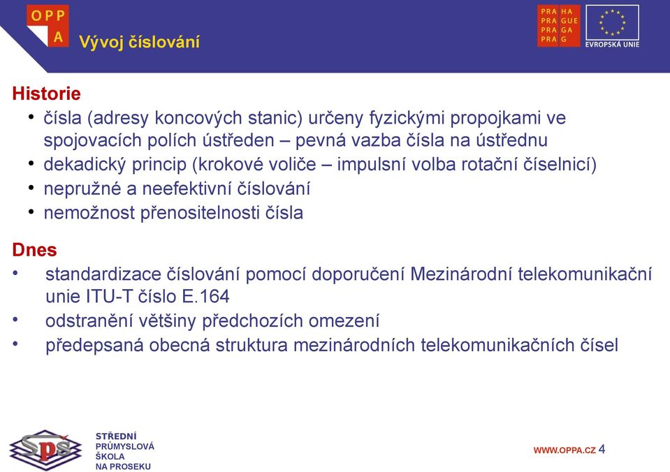 číslování nemožnost přenositelnosti čísla Dnes standardizace číslování pomocí doporučení Mezinárodní telekomunikační