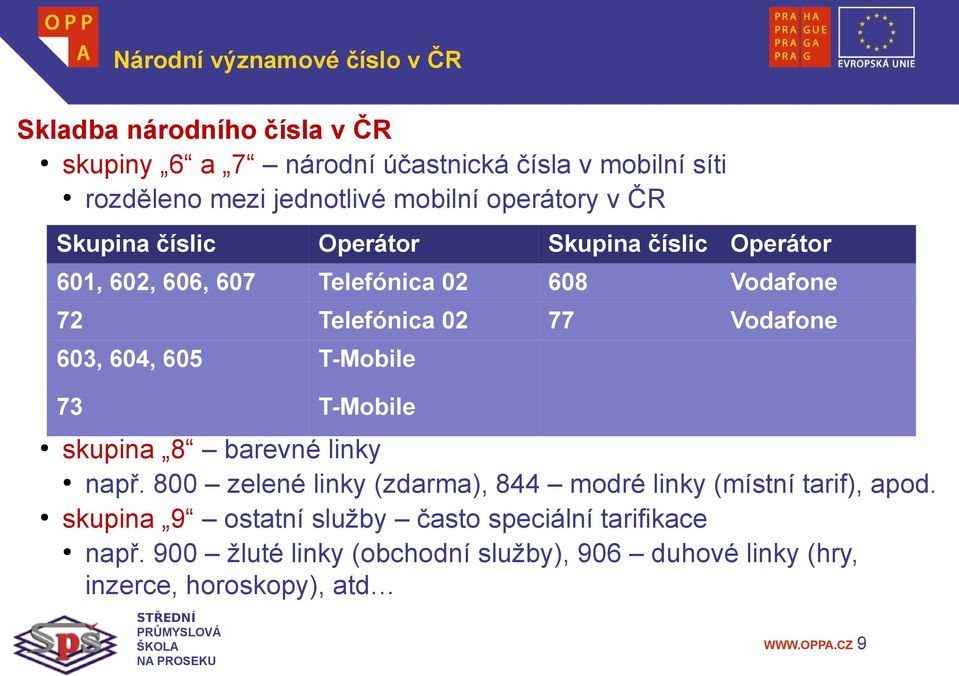 Vodafone 603, 604, 605 T-Mobile 73 T-Mobile skupina 8 barevné linky např. 800 zelené linky (zdarma), 844 modré linky (místní tarif), apod.