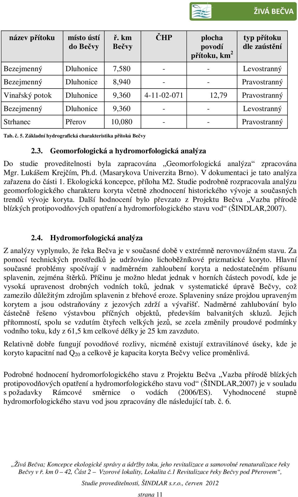 12,79 Pravostranný Bezejmenný Dluhonice 9,360 - - Levostranný Strhanec Přerov 10,080 - - Pravostranný Tab. č. 5. Základní hydrografická charakteristika přítoků Bečvy 2.3. Geomorfologická a hydromorfologická analýza Do studie proveditelnosti byla zapracována Geomorfologická analýza zpracována Mgr.