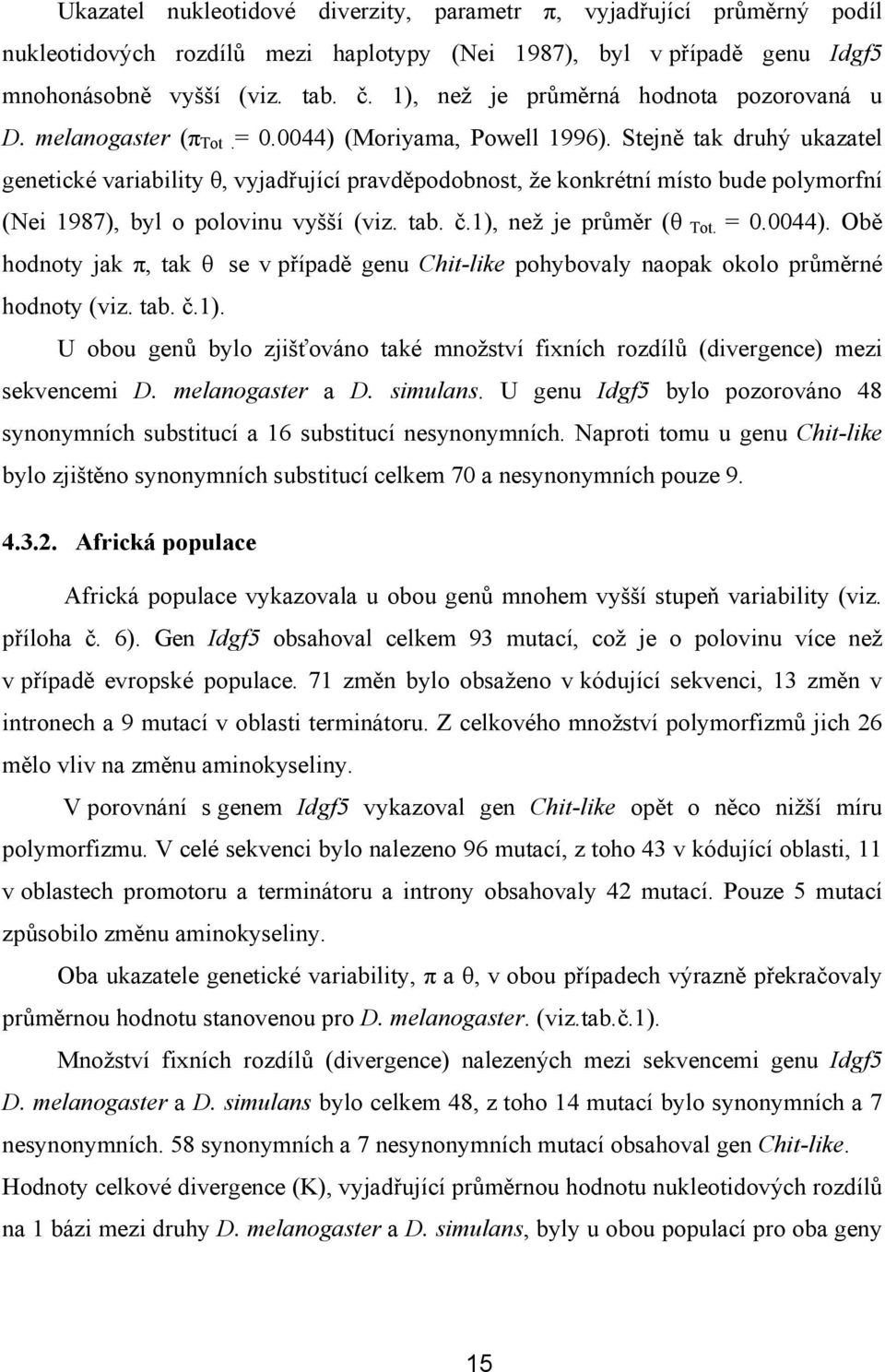 Stejně tak druhý ukazatel genetické variability θ, vyjadřující pravděpodobnost, že konkrétní místo bude polymorfní (Nei 1987), byl o polovinu vyšší (viz. tab. č.1), než je průměr (θ Tot. = 0.0044).