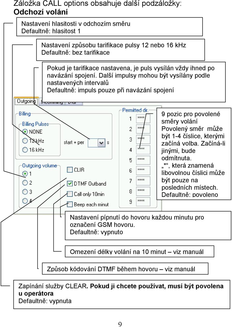 Další impulsy mohou být vysílány podle nastavených intervalů Defaultně: impuls pouze při navázání spojení 9 pozic pro povolené směry volání Povolený směr může být 1-4 číslice, kterými začíná volba.