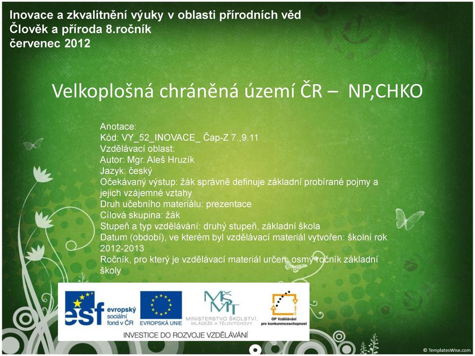 Aleš Hruzík Jazyk: český Očekávaný výstup: žák správně definuje základní probírané pojmy a jejich vzájemné vztahy Druh učebního materiálu: