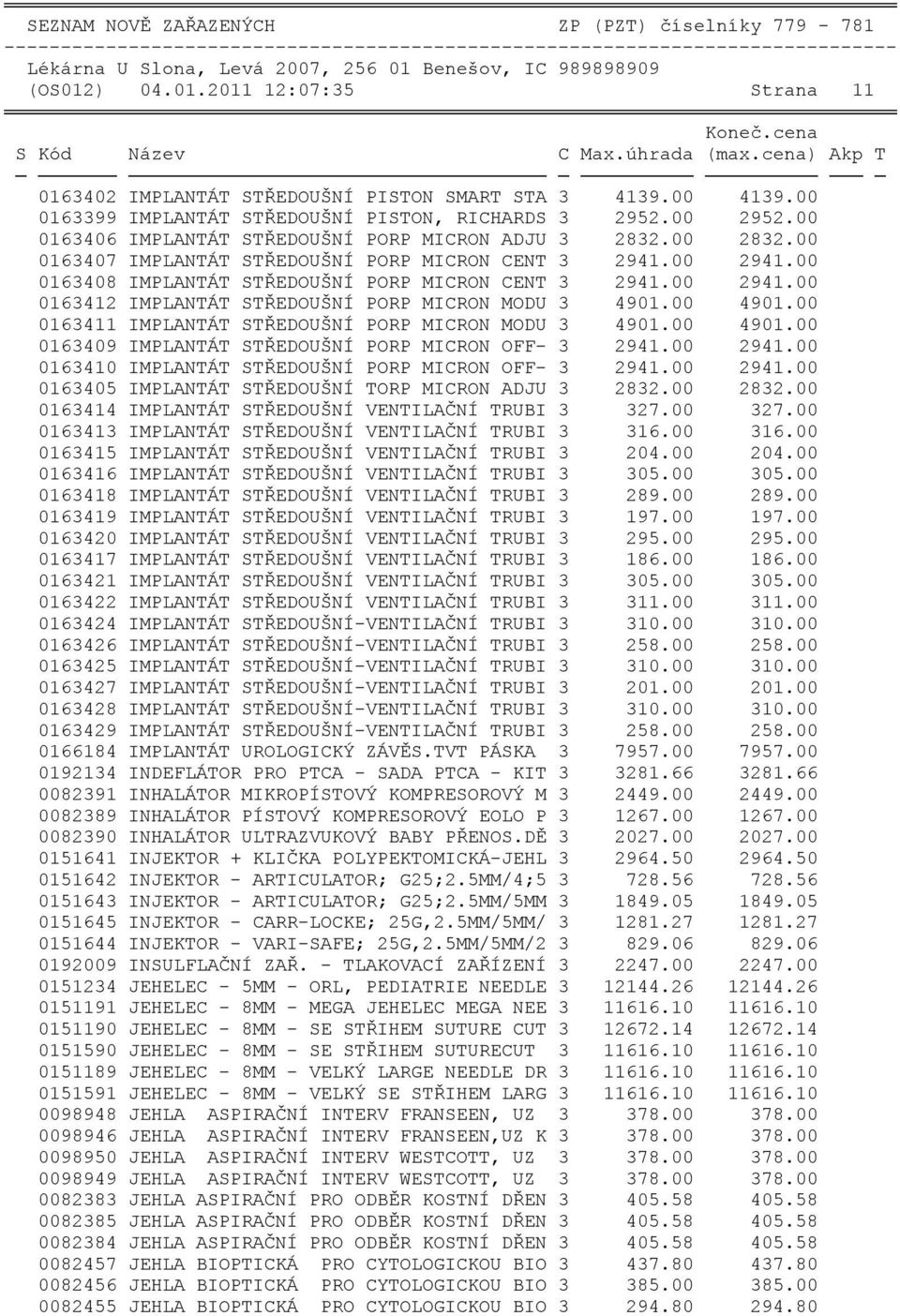 00 0163408 IMPLANTÁT STŘEDOUŠNÍ PORP MICRON CENT 3 2941.00 2941.00 0163412 IMPLANTÁT STŘEDOUŠNÍ PORP MICRON MODU 3 4901.00 4901.00 0163411 IMPLANTÁT STŘEDOUŠNÍ PORP MICRON MODU 3 4901.00 4901.00 0163409 IMPLANTÁT STŘEDOUŠNÍ PORP MICRON OFF- 3 2941.