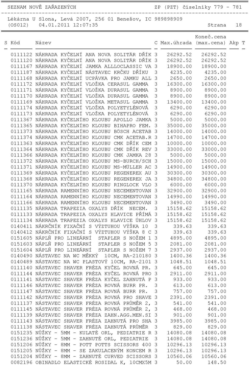 00 4235.00 0111168 NÁHRADA KYČELNÍ UCPÁVKA PRO JAMKU ALL 3 2650.00 2650.00 0111172 NÁHRADA KYČELNÍ VLOŢKA CERASUL GAMMA 3 16300.00 16300.00 0111171 NÁHRADA KYČELNÍ VLOŢKA DURASUL GAMMA 3 8900.00 8900.