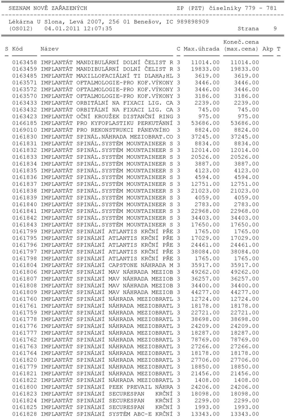 00 3446.00 0163572 IMPLANTÁT OFTALMOLOGIE-PRO KOF.VÝKONY 3 3446.00 3446.00 0163570 IMPLANTÁT OFTALMOLOGIE-PRO KOF.VÝKONY 3 3186.00 3186.00 0163433 IMPLANTÁT ORBITÁLNÍ NA FIXACI LIG. CA 3 2239.00 2239.