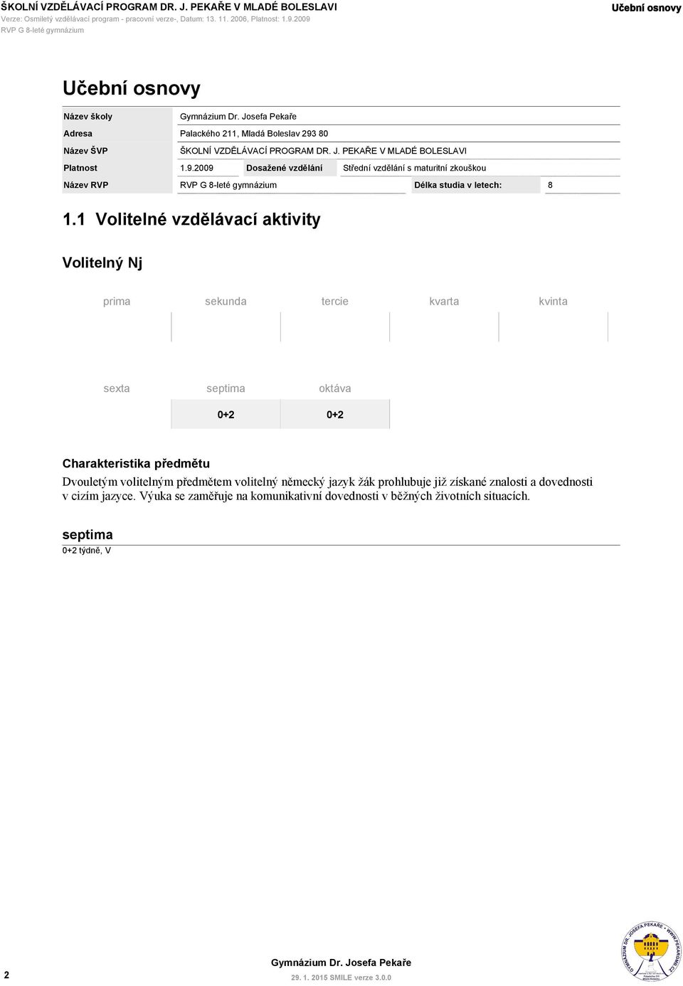 PEKAŘE V MLADÉ BOLESLAVI Platnost 1.9.2009 Dosažené vzdělání Střední vzdělání s maturitní zkouškou Název RVP Délka studia v letech: 8 1.