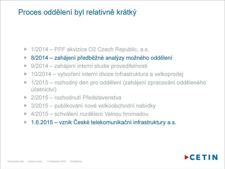 8/2014 zahájení předběžné analýzy možného oddělení 9/2014 zahájení interní studie proveditelnosti 10/2014 vytvoření interní divize