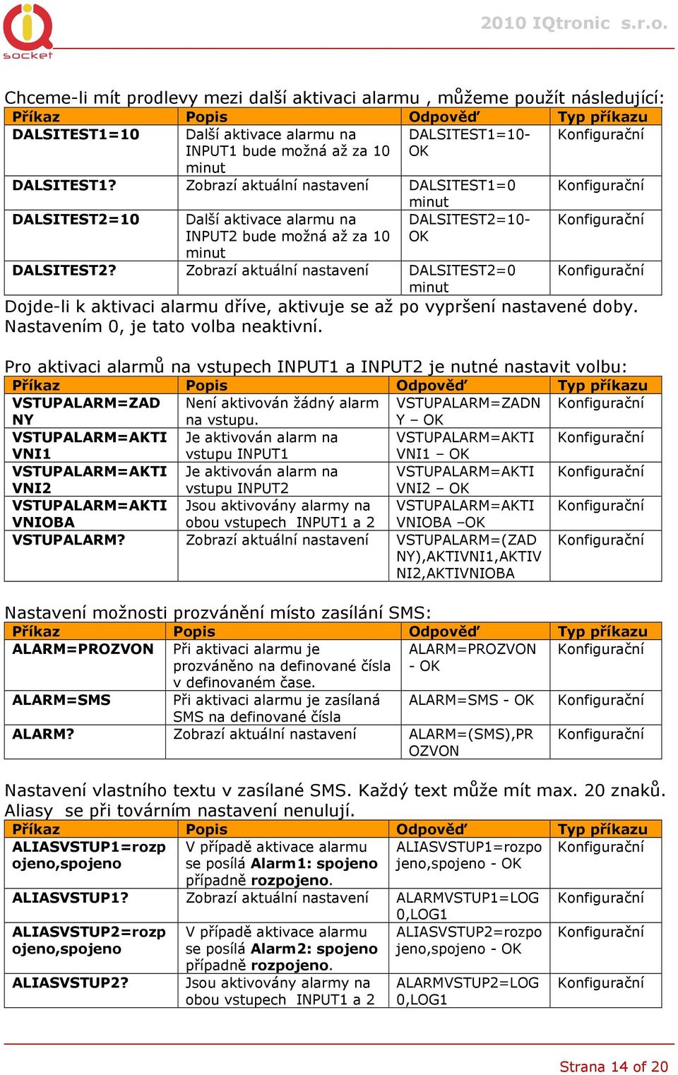 Zobrazí aktuální nastavení DALSITEST2=0 minut Dojde-li k aktivaci alarmu dříve, aktivuje se až po vypršení nastavené doby. Nastavením 0, je tato volba neaktivní.