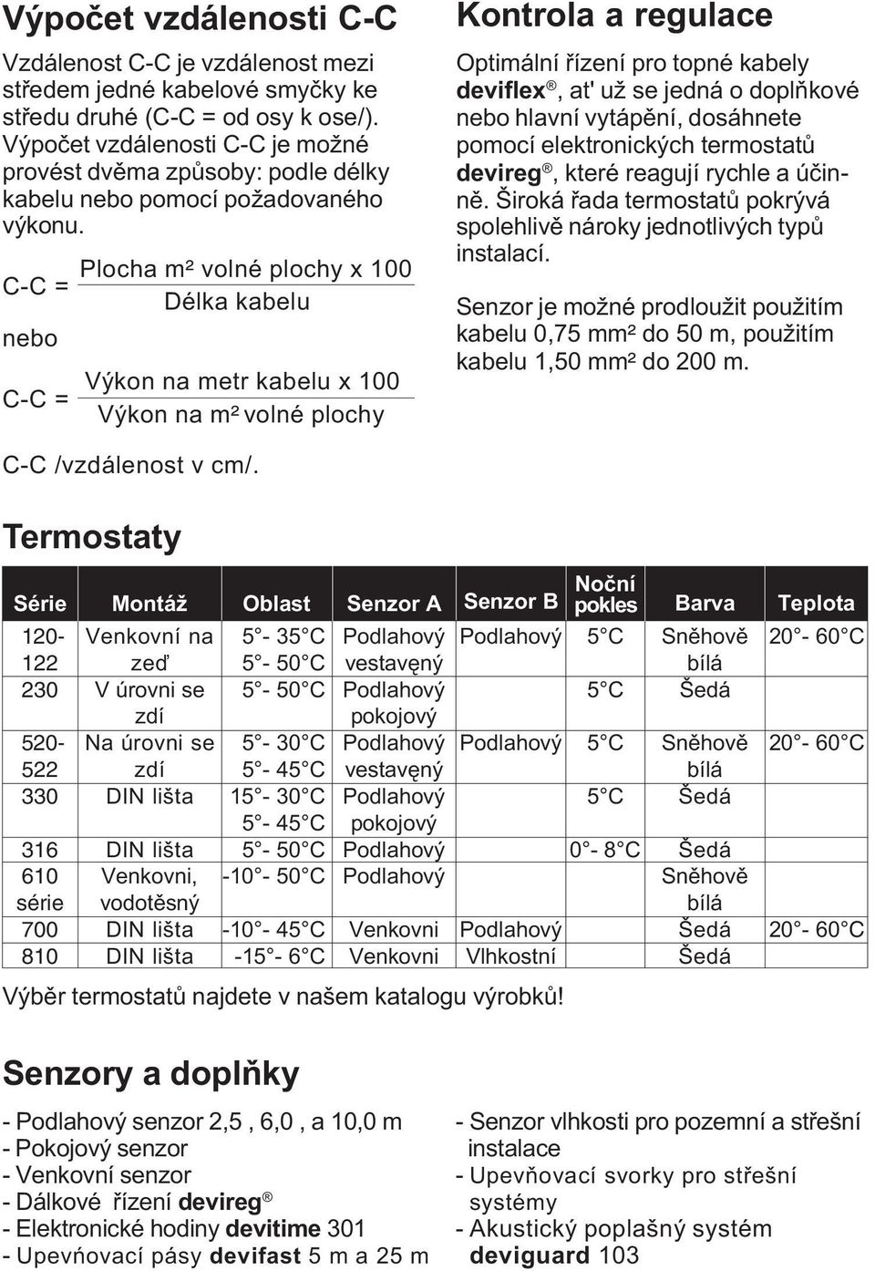 C-C = nebo C-C = Plocha m² volné plochy x 100 Délka kabelu Výkon na metr kabelu x 100 Výkon na m² volné plochy Kontrola a regulace Optimální øízení pro topné kabely deviflex, at' už se jedná o