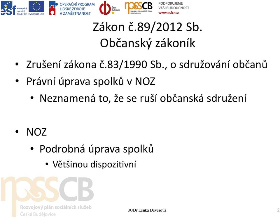 , o sdružování občanů Právní úprava spolků v NOZ