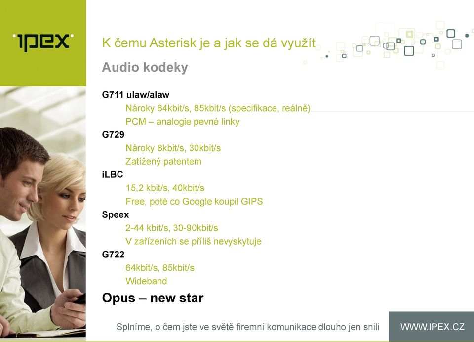 30kbit/s Zatížený patentem 15,2 kbit/s, 40kbit/s Free, poté co Google koupil GIPS Speex