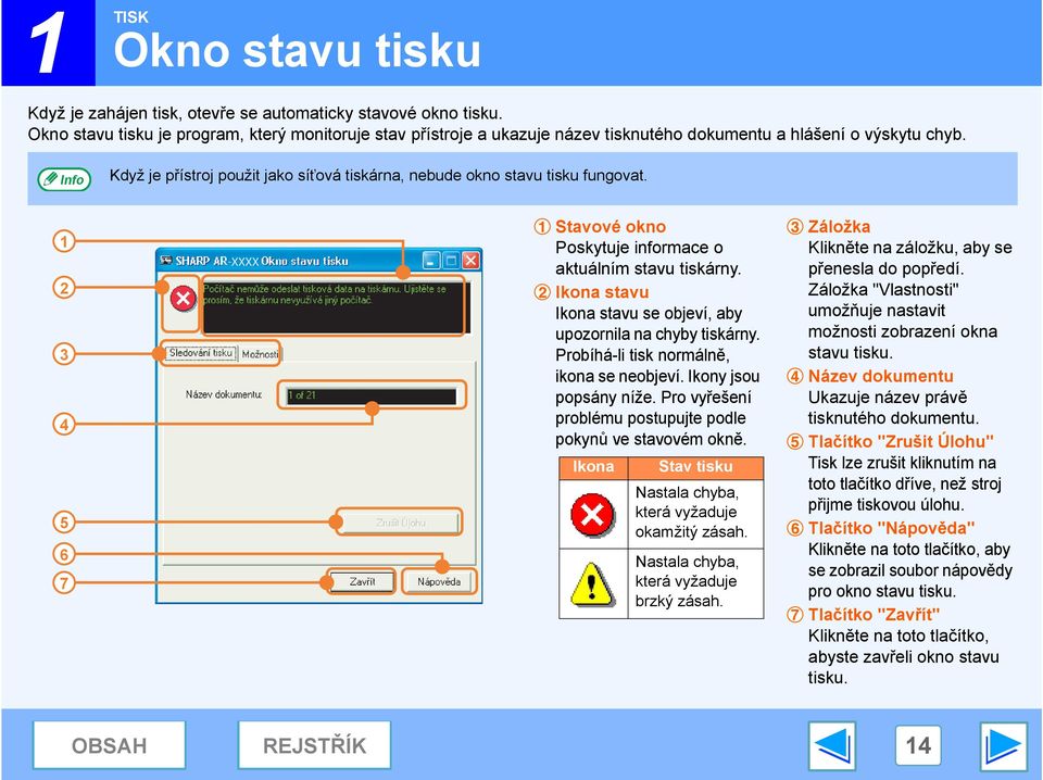 Když je přístroj použit jako síťová tiskárna, nebude okno stavu tisku fungovat. 1 4 5 6 7 XXXX 1 Stavové okno Poskytuje informace o aktuálním stavu tiskárny.