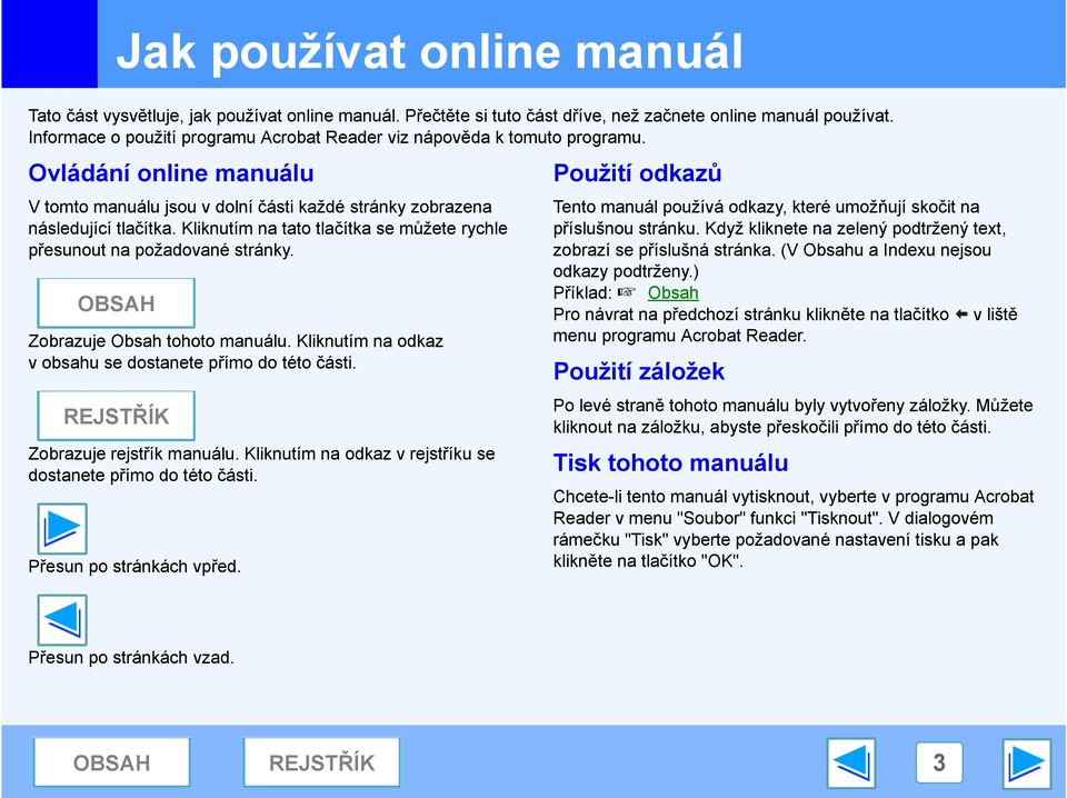 Kliknutím na tato tlačítka se můžete rychle přesunout na požadované stránky. Zobrazuje Obsah tohoto manuálu. Kliknutím na odkaz v obsahu se dostanete přímo do této části. Zobrazuje rejstřík manuálu.