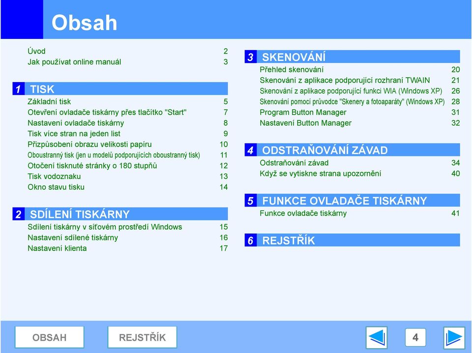 síťovém prostředí Windows 15 Nastavení sdílené tiskárny 16 Nastavení klienta 17 SKENOVÁNÍ Přehled skenování 0 Skenování z aplikace podporující rozhraní TWAIN 1 Skenování z aplikace podporující funkci