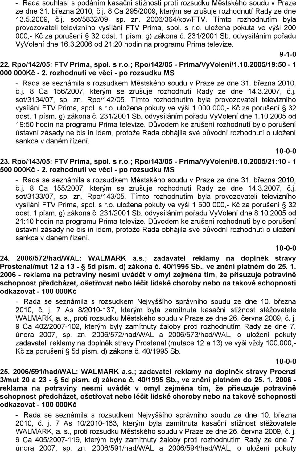 odvysíláním pořadu VyVolení dne 16.3.2006 od 21:20 hodin na programu Prima televize. 9-1-0 22. Rpo/142/05: FTV Prima, spol. s r.o.; Rpo/142/05 - Prima/VyVolení/1.10.2005/19:50-1 000 000Kč - 2.