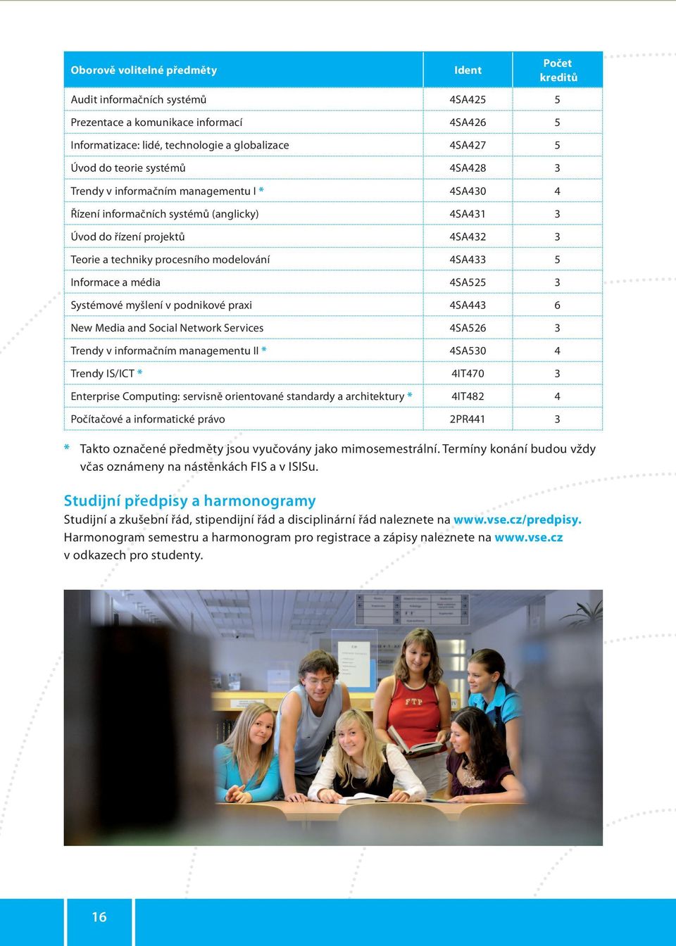 4SA525 3 Systémové myšlení v podnikové praxi 4SA443 6 New Media and Social Network Services 4SA526 3 Trendy v informačním managementu II * 4SA530 4 Trendy IS/ICT * 4IT470 3 Enterprise Computing:
