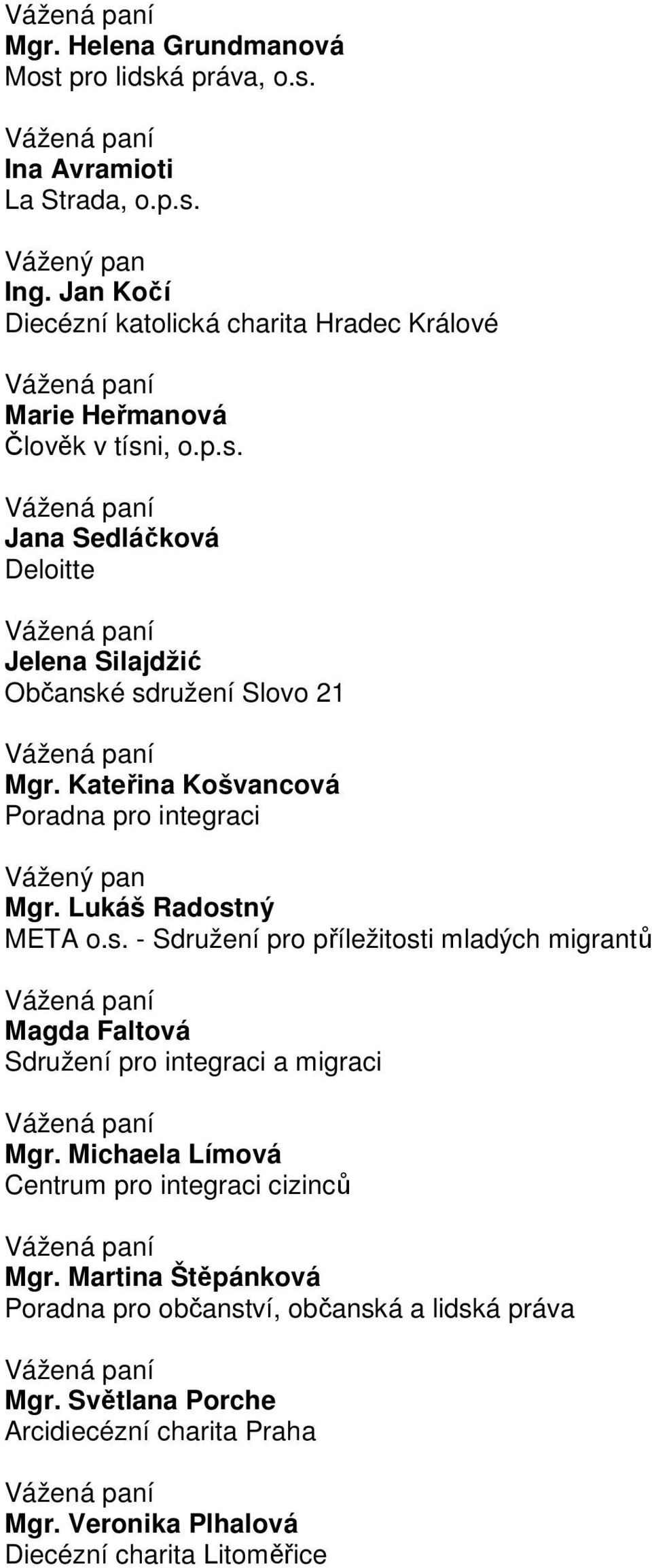 Kateřina Košvancová Poradna pro integraci Mgr. Lukáš Radostný META o.s. - Sdružení pro příležitosti mladých migrantů Magda Faltová Sdružení pro integraci a migraci Mgr.