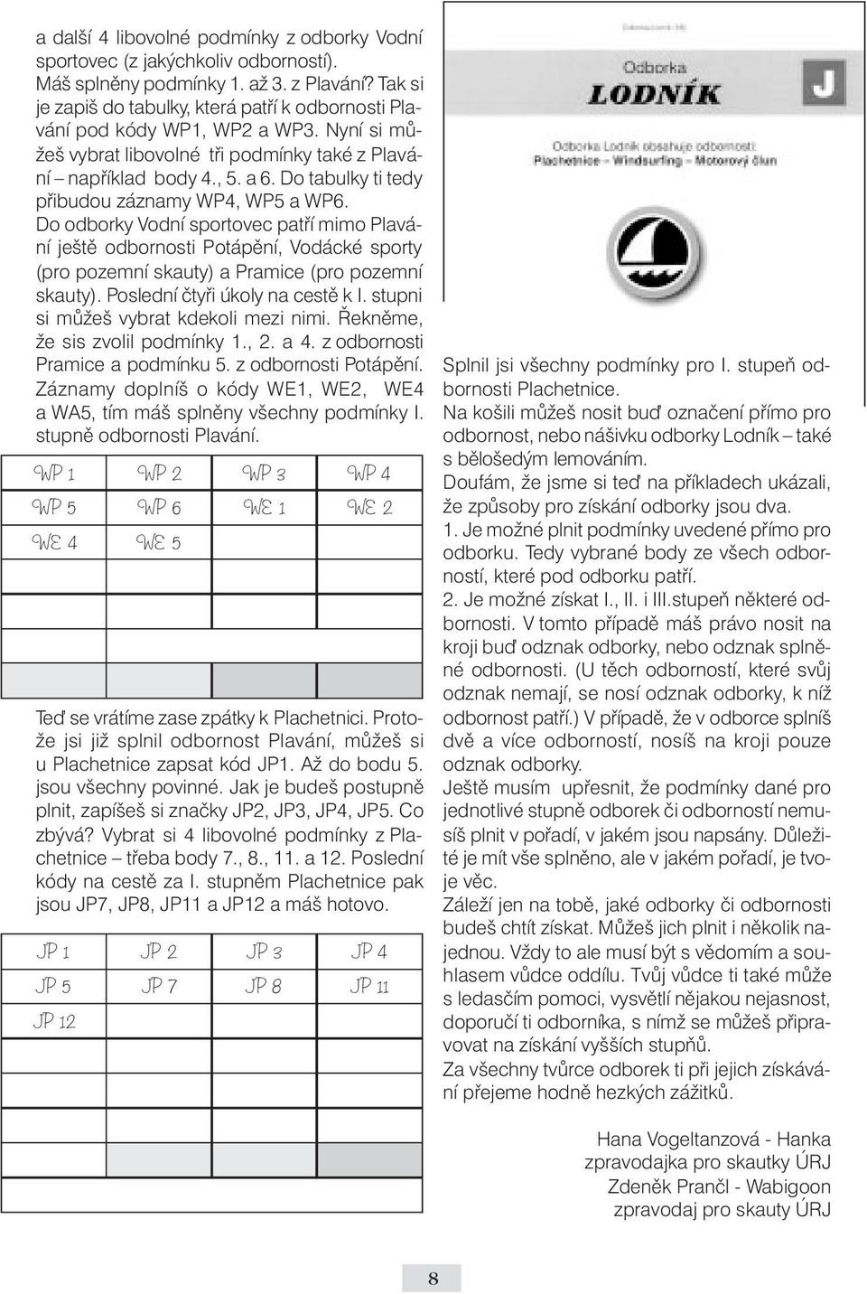 Do tabulky ti tedy přibudou záznamy WP4, WP5 a WP6. Do odborky Vodní sportovec patří mimo Plavání ještě odbornosti Potápění, Vodácké sporty (pro pozemní skauty) a Pramice (pro pozemní skauty).
