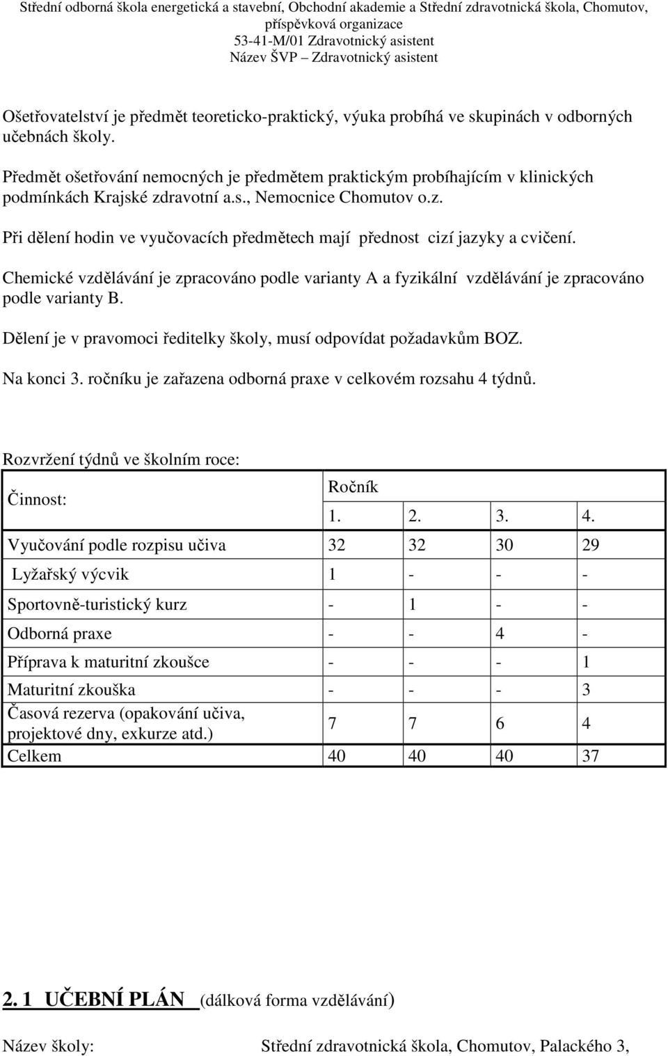 Chemické vzdělávání je zpracováno podle varianty A a fyzikální vzdělávání je zpracováno podle varianty B. Dělení je v pravomoci ředitelky školy, musí odpovídat požadavkům BOZ. Na konci 3.