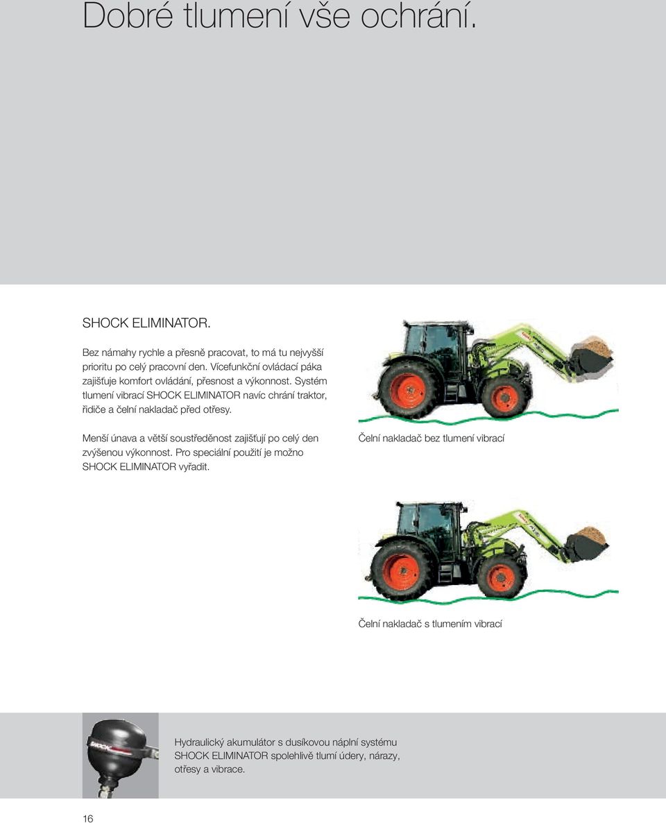 Systém tlumení vibrací SHOCK ELIMINATOR navíc chrání traktor, řidiče a čelní nakladač před otřesy.