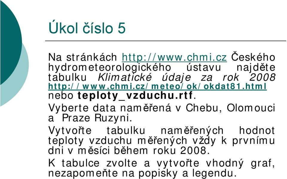 cz/meteo/ok/okdat81.html nebo teploty_vzduchu.rtf. Vyberte data naměřená v Chebu, Olomouci a Praze Ruzyni.