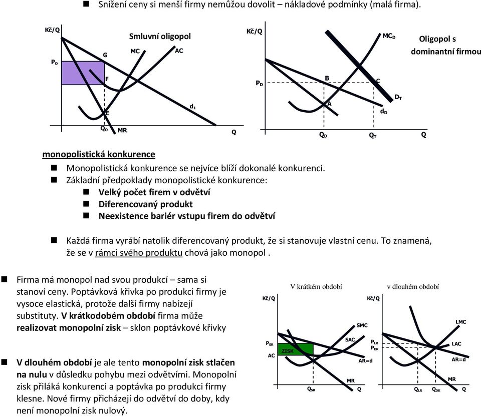 Základní předpoklady monopolistické konkurence: Velký počet firem v odvětví Diferencovaný produkt Neexistence bariér vstupu firem do odvětví Každá firma vyrábí natolik diferencovaný produkt, že si