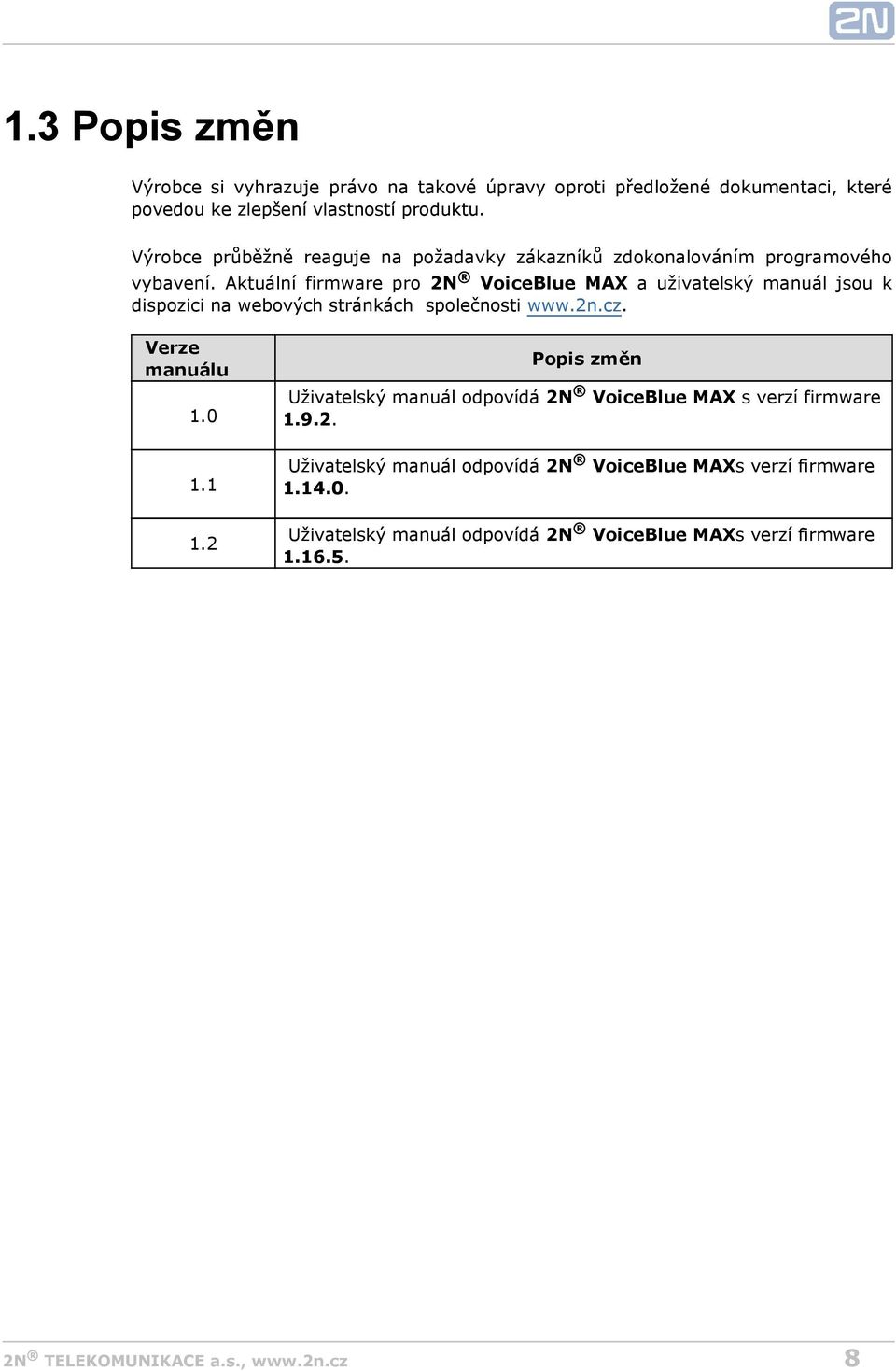 Aktuální firmware pro 2N VoiceBlue MAX a uživatelský manuál jsou k dispozici na webových stránkách společnosti www.2n.cz. Verze manuálu 1.0 1.1 1.