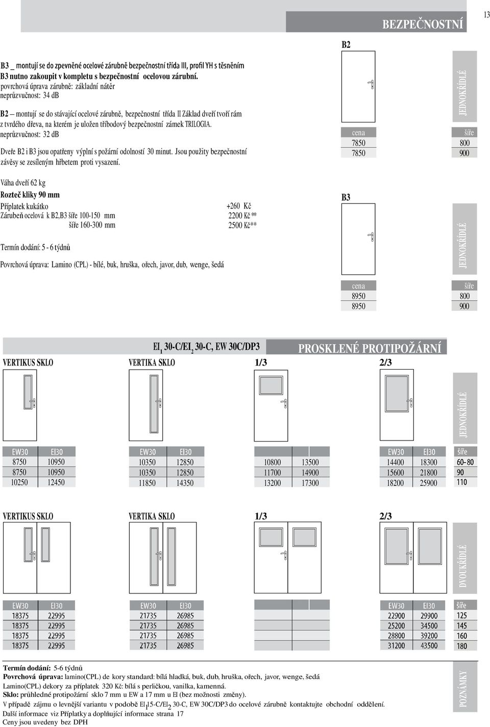 bezpečnostní zámek TRILOGIA. neprůzvučnost: 32 db Dveře B2 i B3 jsou opatřeny výplní s požární odolností 30 minut. Jsou použity bezpečnostní závěsy se zesíleným hřbetem proti vysazení.