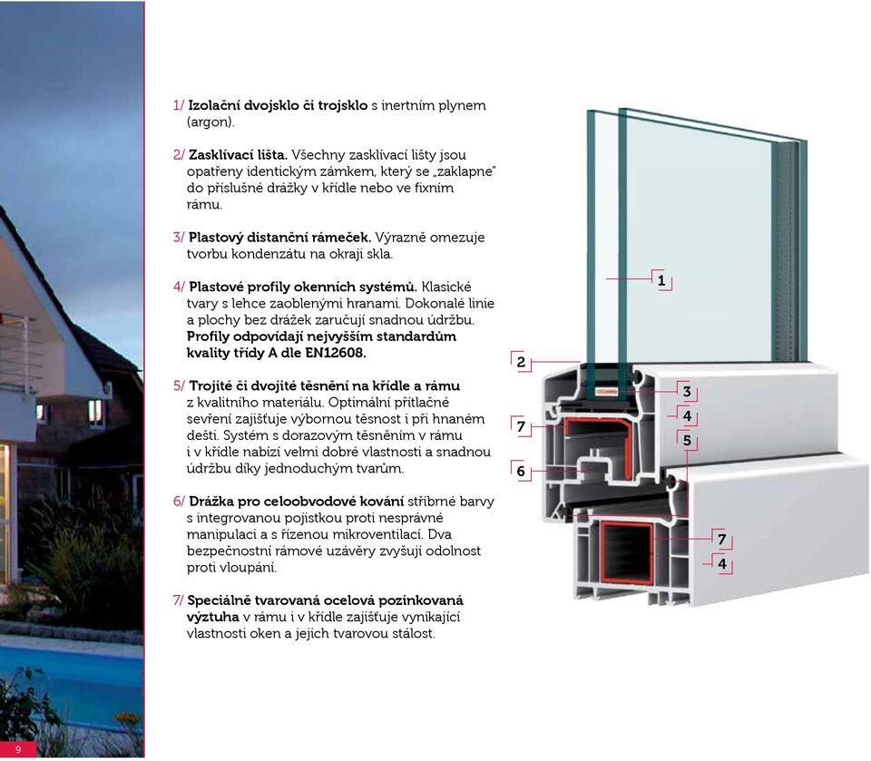Výrazně omezuje tvorbu kondenzátu na okraji skla. 4/ Plastové profily okenních systémů. Klasické tvary s lehce zaoblenými hranami. Dokonalé linie a plochy bez drážek zaručují snadnou údržbu.