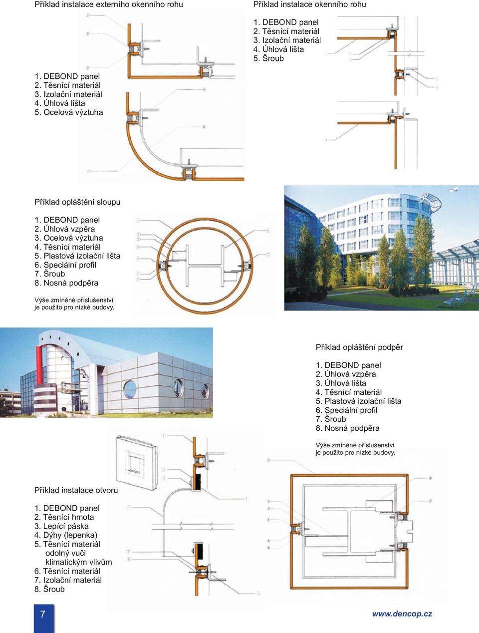 Příklad opláštění podpěr 2. Úhlová vzpěra 3. Úhlová lišta. Těsnící materiál 5. Plastová izolační lišta 6. Speciální profil 7. Šroub 8.