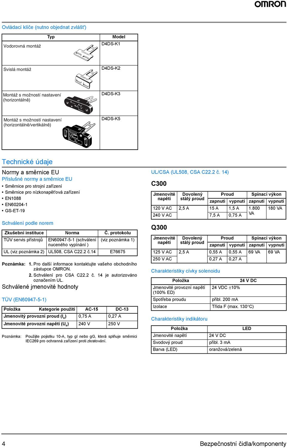Schválení podle norem Zkušební instituce Norma Č. protokolu TÜV servis přístrojů EN60947-5-1 (schválení (viz poznámka 1) nuceného vypínání ) UL (viz poznámka 2) UL508, CSA C22.2 č.