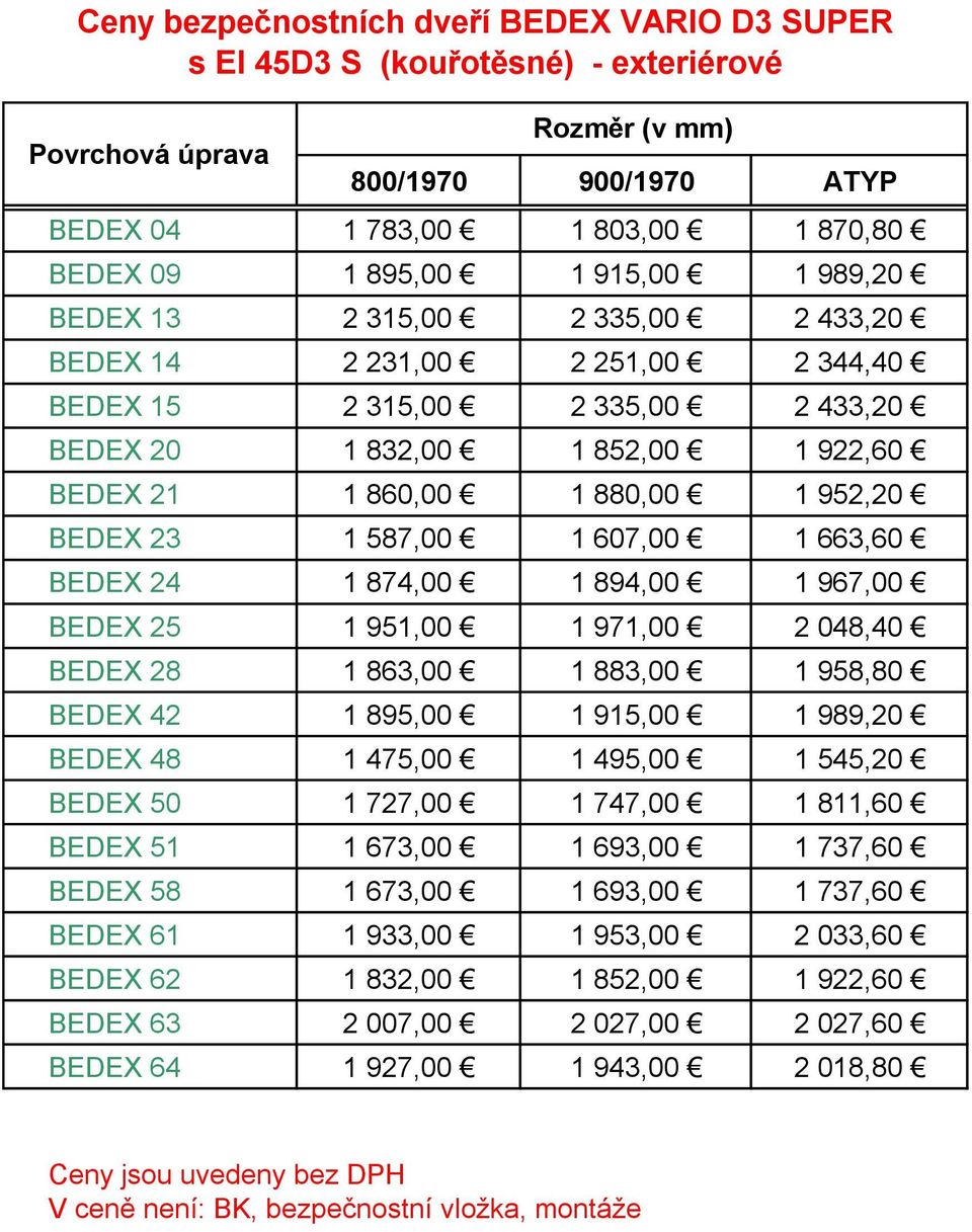 BEDEX 23 1 587,00 1 607,00 1 663,60 BEDEX 24 1 874,00 1 894,00 1 967,00 BEDEX 25 1 951,00 1 971,00 2 048,40 BEDEX 28 1 863,00 1 883,00 1 958,80 BEDEX 42 1 895,00 1 915,00 1 989,20 BEDEX 48 1 475,00 1