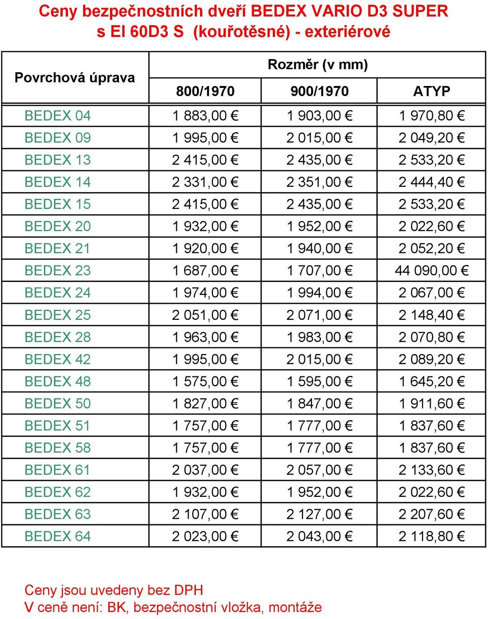 BEDEX 23 1 687,00 1 707,00 44 090,00 BEDEX 24 1 974,00 1 994,00 2 067,00 BEDEX 25 2 051,00 2 071,00 2 148,40 BEDEX 28 1 963,00 1 983,00 2 070,80 BEDEX 42 1 995,00 2 015,00 2 089,20 BEDEX 48 1 575,00